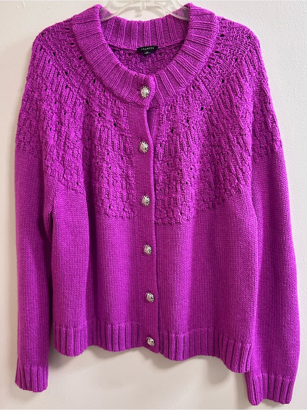 Talbots Pointelle Mockneck Cardigan Sweater Purple Knit Button Front Size XL